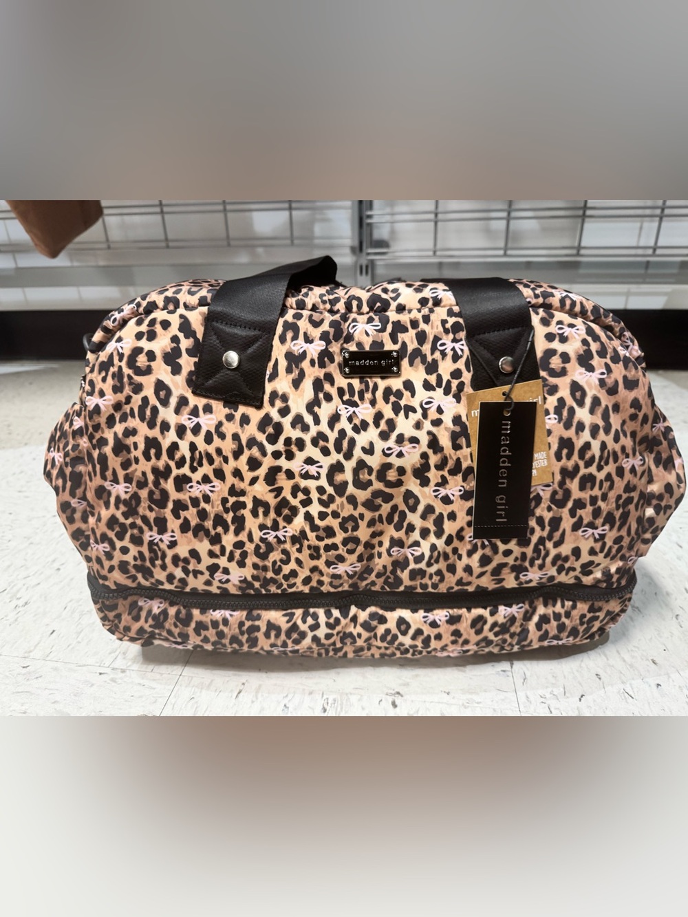 madden girl Leopard Print weekender Tote Bag in Beige with Pink Accents